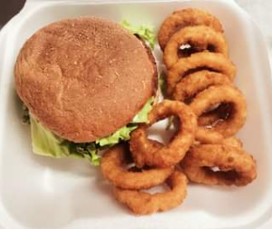 Veggie Burger and Onion RIngs
